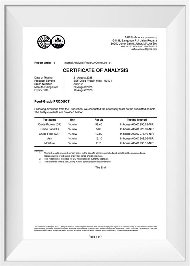 Malaysia Dried BSFL CERTIFICATE OF ANALYSIS